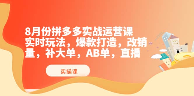 8月份拼多多实战运营课，实时玩法，爆款打造，改销量，补大单，AB单，直播-62网赚