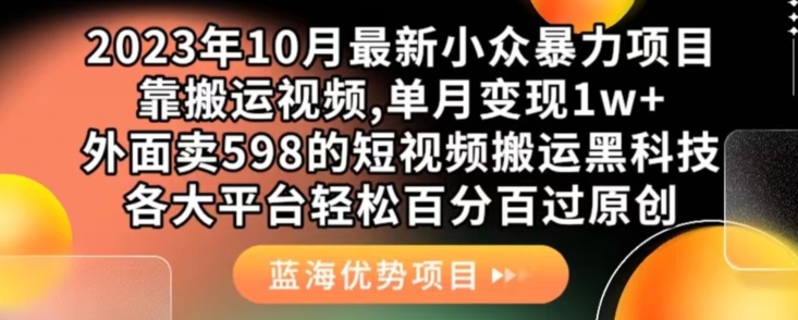 2023年10月最新小众暴力项目，靠搬运视频,单月变现1w+，外面卖598的短视频搬运黑科技，各大平台轻松百分百过原创-讯领网创