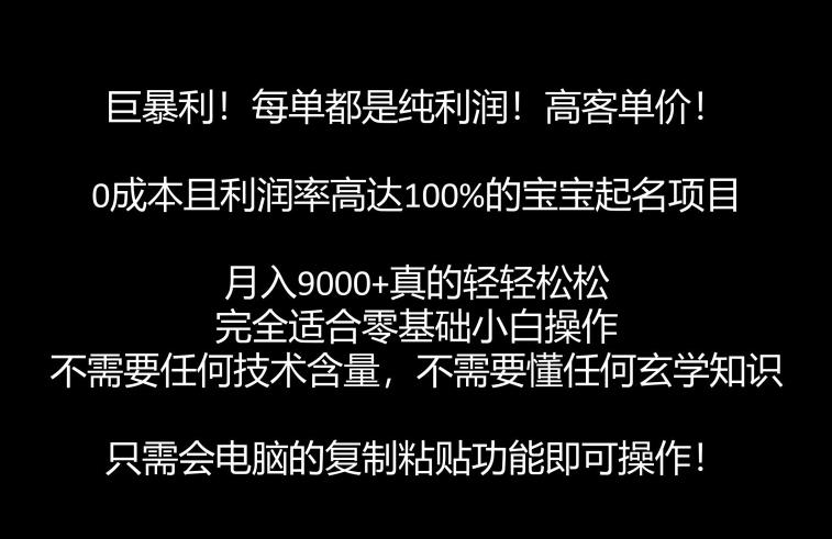 巨暴利，月入9000+的宝宝起名项目，每单都是纯利润，零基础都能躺赚【附软件+视频教程】-讯领网创
