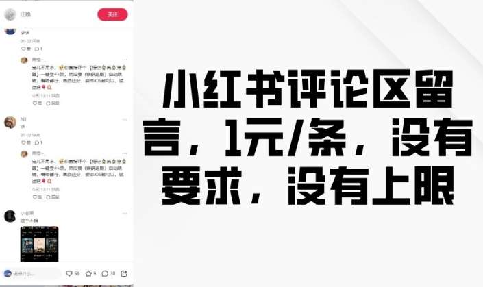 小红书评论区留言，1元条，没有要求，没有上限-讯领网创