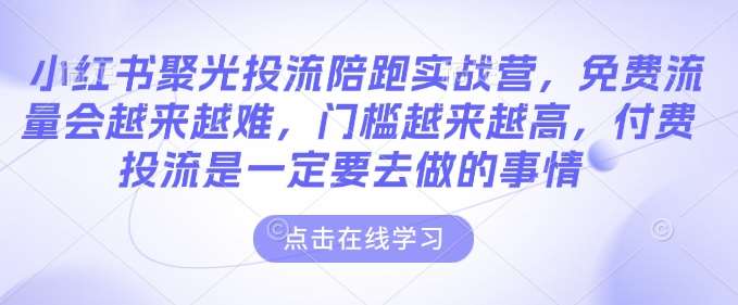 小红书聚光投流陪跑实战营，免费流量会越来越难，门槛越来越高，付费投流是一定要去做的事情-讯领网创