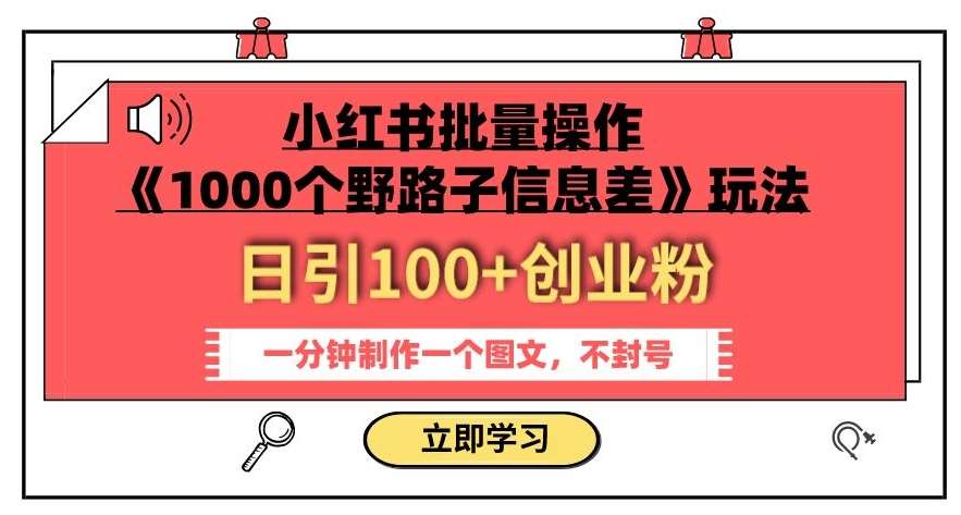 小红书批量操作《1000个野路子信息差》玩法，一分钟制作一个图文，不封号，日引100+创业粉-讯领网创