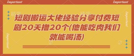 短剧搬运大佬经验分享付费短剧20天撸20个(他能吃肉我们就能喝汤)-讯领网创