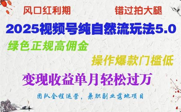 2025视频号纯自然流玩法5.0，绿色正规高佣金，操作爆款门槛低，变现收益单月轻松过万-讯领网创