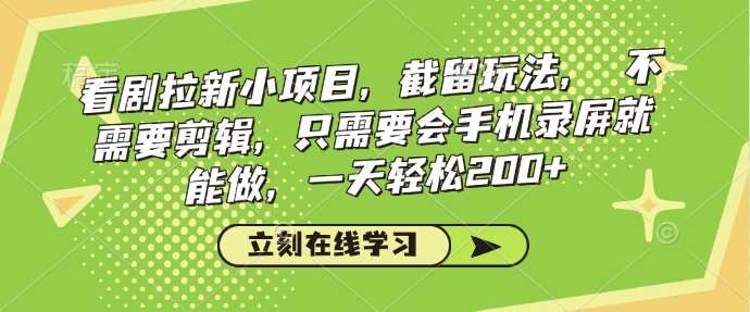 看剧拉新小项目，截留玩法， 不需要剪辑，只需要会手机录屏就能做，一天轻松200+-讯领网创