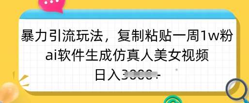 暴力引流玩法，复制粘贴一周1w粉，ai软件生成仿真人美女视频，日入多张-讯领网创