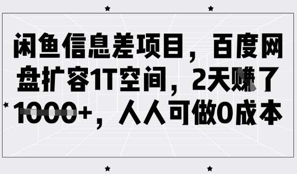闲鱼信息差项目，百度网盘扩容1T空间，2天收益1k+，人人可做0成本-讯领网创