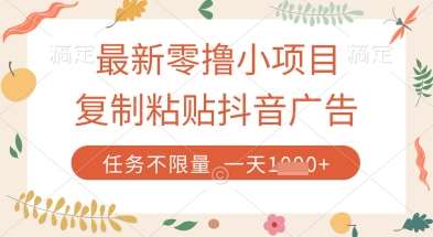 最新零撸小项目，复制粘贴抖音广告即可挣钱，平台大水，任务不限量，一天数张【揭秘】-讯领网创