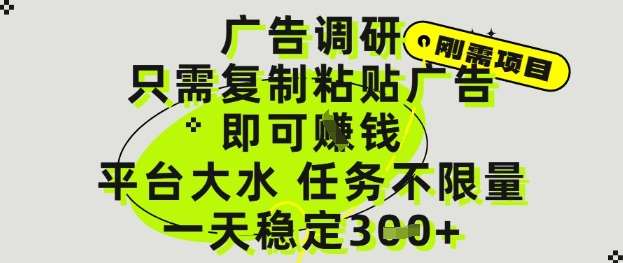 广告调研项目，只需复制粘贴广告即可挣钱，平台大水，任务不限量，一天3张【揭秘】-讯领网创