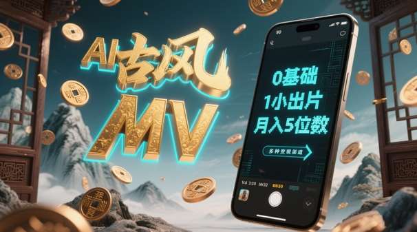 AI一键生成古风音乐MV，0剪辑基础1小时出片，多种变现渠道，一部手机月入5位数-讯领网创