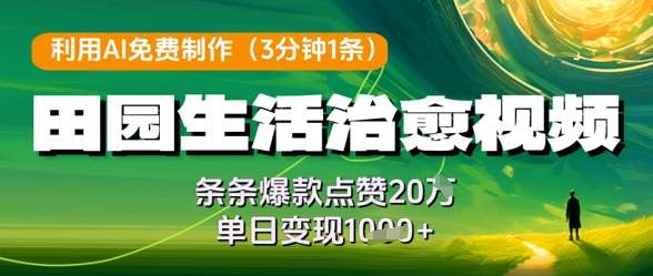 利用AI免费制作田园生活治愈视频，条条爆款点赞20W，单日变现几张-讯领网创