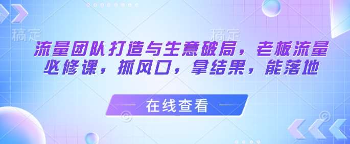流量团队打造与生意破局，老板流量必修课，抓风口，拿结果，能落地-讯领网创