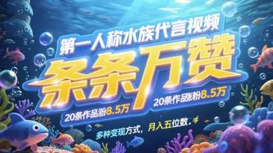第一人称水族代言视频，条条万赞，20条作品涨粉7.8W，多种变现方式月入五位数-讯领网创