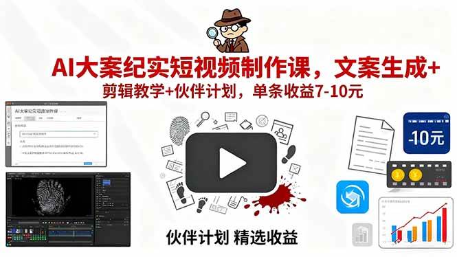 （15992期）AI大案纪实短视频制作课，文案生成+剪辑教学+伙伴计划，单条收益7-10元-讯领网创