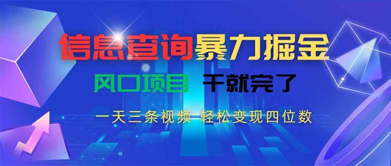 （15516期）信息查询暴力掘金，一天三条视频 轻松变现四位数，风口项目干就完了-讯领网创