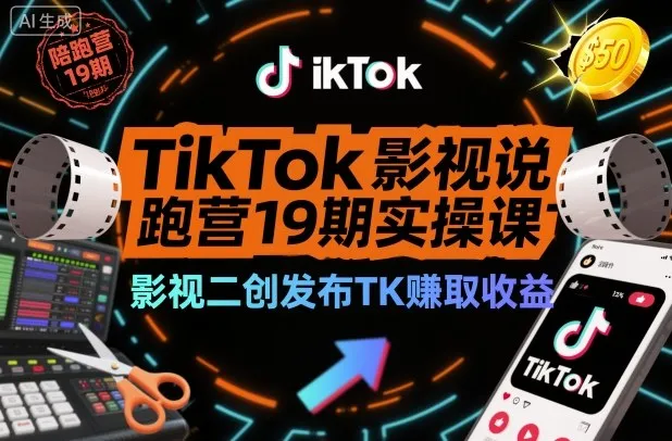 TikTok影视解说陪跑营19期实操课，影视二创发布TK賺取收益，万播收益50美金-讯领网创
