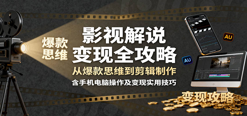 影视解说变现全攻略：从爆款思维到剪辑制作，含手机电脑操作及变现实用技巧-讯领网创