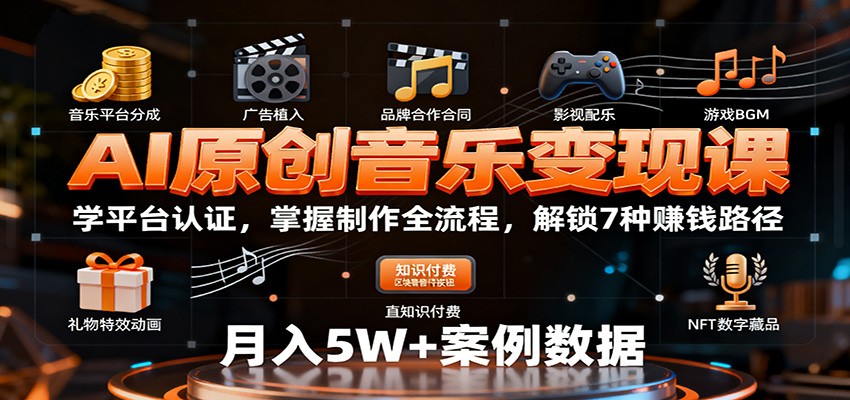 AI原创音乐变现课：学平台认证，掌握制作全流程，解锁7种赚钱路径-讯领网创