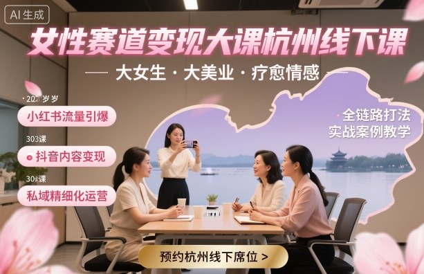 女性赛道变现大课杭州线下，大女生，大美业，疗愈情感，一套小红书、抖音、私域全链路打法-讯领网创