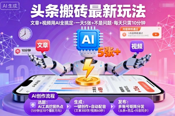 头条搬砖最新玩法，文章+视频用AI全搞定，一天5张+不是问题，每天只需10分钟-讯领网创