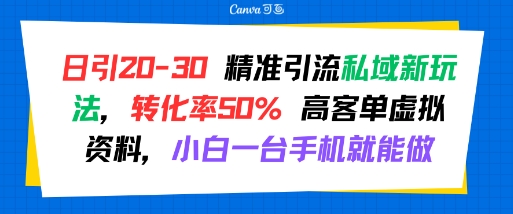 日引 20-30 精准引流私域新玩法，转化率50% 高客单虚拟资料，小白一台手机就能做-讯领网创