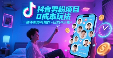 抖音男粉项目0成本玩法，一部手机即可操作，日均4张+，时间自由-讯领网创