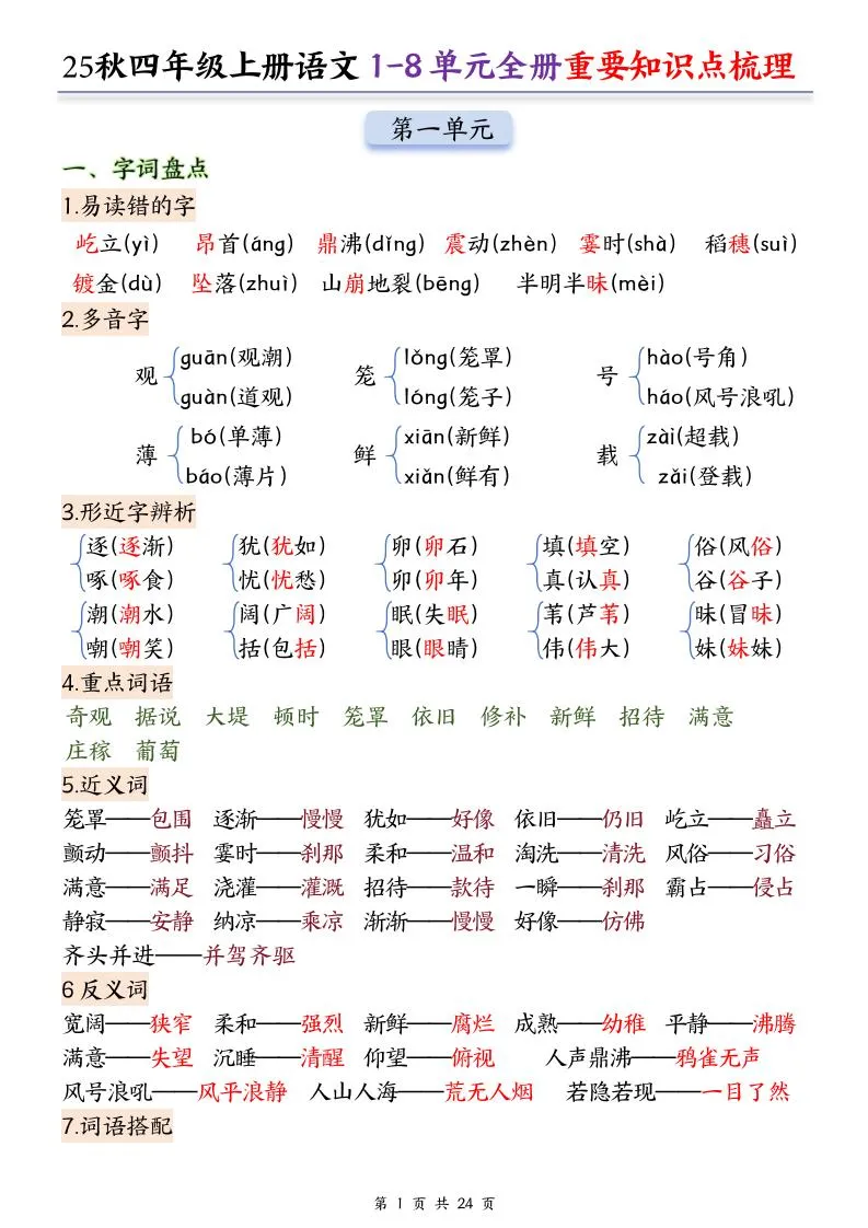 25秋四上语文1-8单元全册重要知识点梳理（24页）-五四资源网