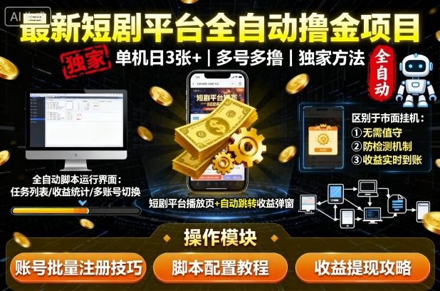 最新短剧平台全自动挂G撸金项目，单机一天3张+，多号多撸，区别于市面所有挂机项目，独家方法【揭秘】-讯领网创