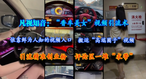 凡视知音：“香车美女”视频引流术，依靠鲜为人知的视频入口，搬运“高端圈子”视频，引流精准创业粉，评论区一堆“求带”-讯领网创