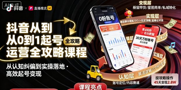 抖音从0到1起号运营全攻略课程，从认知纠偏到实操落地，高效起号变现-讯领网创