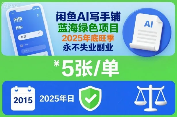闲鱼AI写手铺，蓝海绿色项目，一单5张，2025年底旺季，永不失业副业-讯领网创