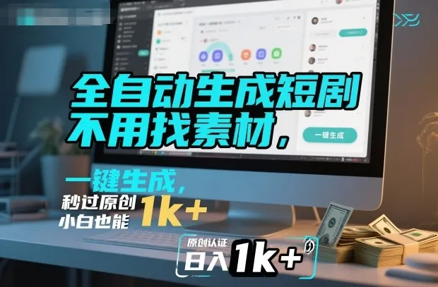全自动生成短剧，不用找素材，不用剪辑，一键生成，秒过原创，小白也能轻松日入1k+【揭秘】-讯领网创