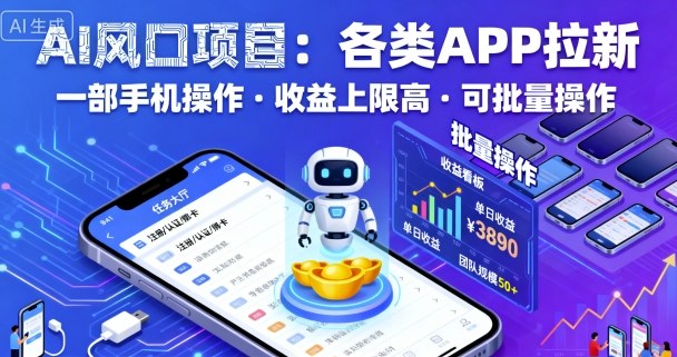 AI风口项目，各类APP拉新，一部手机就可以操作，收益上限高，可批量操作-讯领网创
