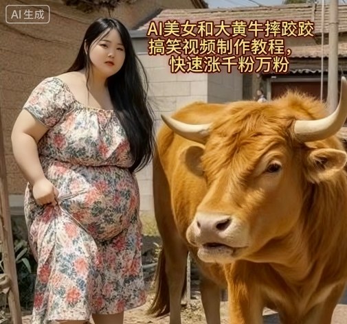 AI美女和大黄牛摔跤搞笑荒诞视频制作教程，快速涨千粉万粉-讯领网创