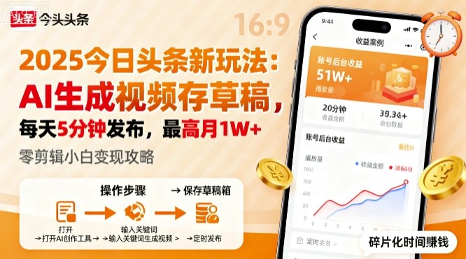 2025年今日头条躺賺新玩法，AI生成视频存草稿，每天5分钟发布，最高月1W+【揭秘】-讯领网创