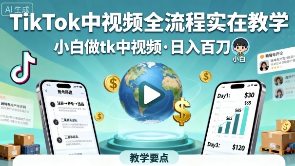 TikTok中视频全流程实操教学，小白做tk中视频，日入百刀-讯领网创