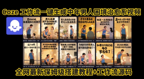 coze工作流一键生成”中年男人困境扎心高涨粉高播放量图文视频”保姆级拆解教程，无需剪辑，无需拍摄写文案-讯领网创
