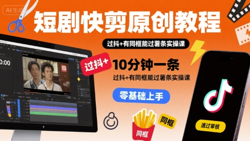 短剧快剪原创教程，10分钟一条，过抖+有同框能过薯条实操课-讯领网创