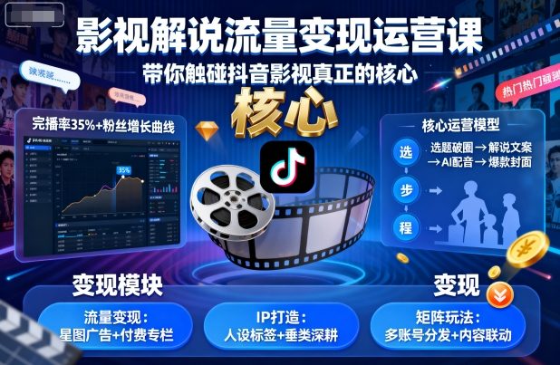 影视解说流量变现运营课，带你触碰抖音影视真正的核心-讯领网创