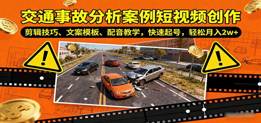 交通事故分析案例短视频创作，剪辑技巧、文案模板、配音教学，快速起号，轻松月入2w+-讯领网创