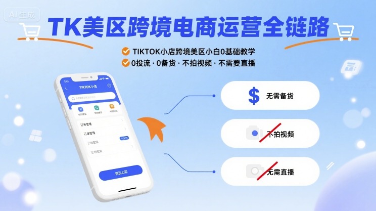 TK美区跨境电商运营全链路，TIKTOK小店跨境美区小白0基础教学，0投流0备货不拍视频不需要直播-讯领网创