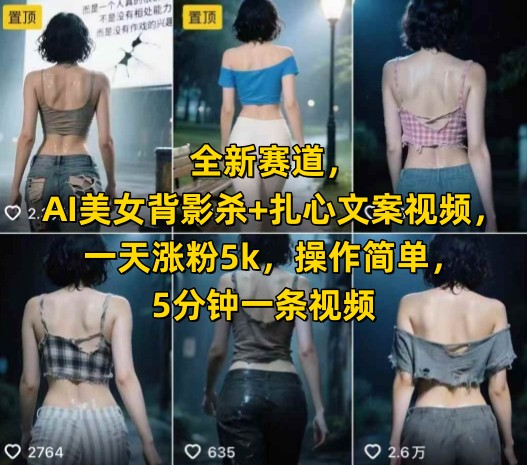 全新赛道，AI美女背影杀+扎心文案视频，一天涨粉5k，操作简单，5分钟一条视频-讯领网创
