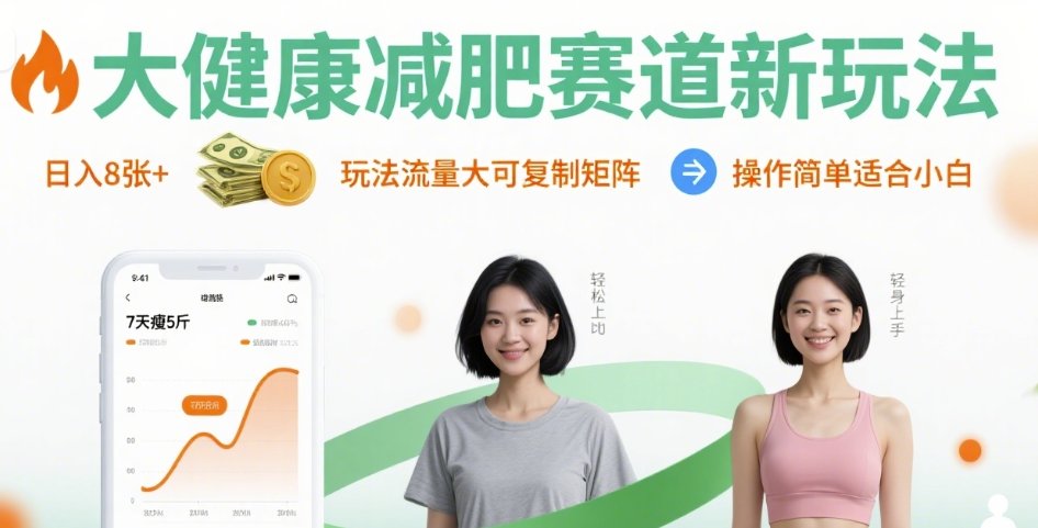 大健康减肥赛道新玩法日入8张，玩法流量大可复制矩阵，操作简单适合小白-讯领网创