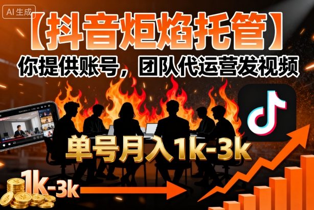 【抖音炬焰托管】你提供账号，团队代运营发视频，单号月入1k+【揭秘】-讯领网创