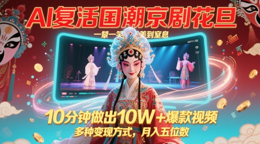 AI复活国潮京剧花旦，一颦一笑美到窒息，10分钟做出10W+爆款视频，多种变现方式，月入五位数-讯领网创
