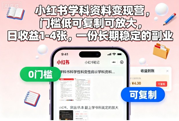 小红书学科资料变现营，门槛低可复制可放大，日收益1-4张，一份长期稳定的副业-讯领网创