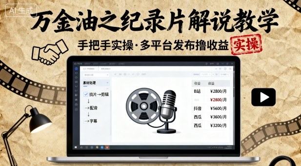 万金油之纪录片解说教学，手把手教你，完全实操，多平台发布撸收益-讯领网创