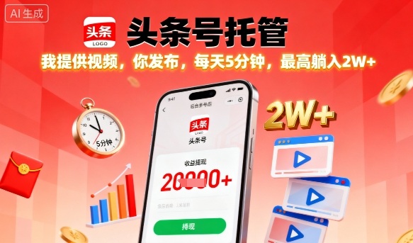 【头条号托管】我提供视频，你发布，每天5分钟，最高躺入2W+【揭秘】-讯领网创