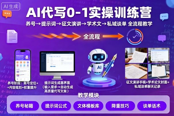 AI代写0-1实操训练营，从养号、提示词、征文演讲、学术文，到私域谈单的全流程教学-讯领网创