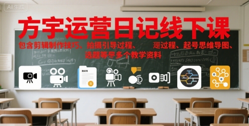 方宇运营日记线下课，包含剪辑制作技巧、拍摄引导过程、起号思维导图、选题等多个教学资料-讯领网创